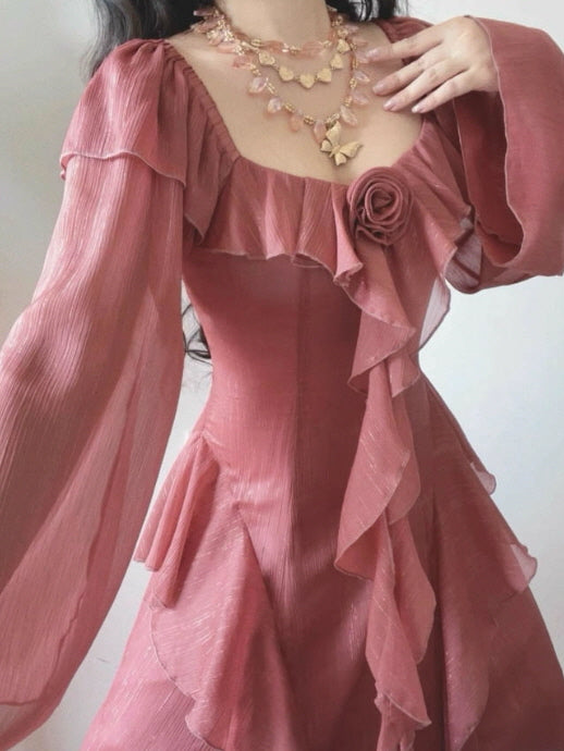 Rose Ruffle Dusty Pink Dress Vintage Elegance | Fairycore Outfit S Rose Ruffle Dusty Pink Dress Vintage Elegance | Fairycore Outfit S