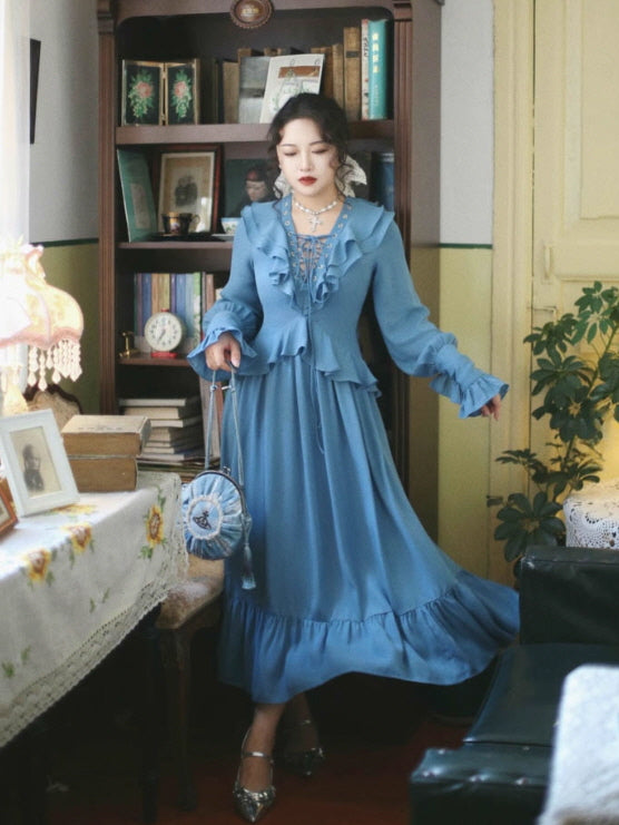 Blue Victorian Ruffle Lace-Up Dress