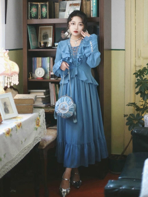 Blue Victorian Ruffle Lace-Up Dress