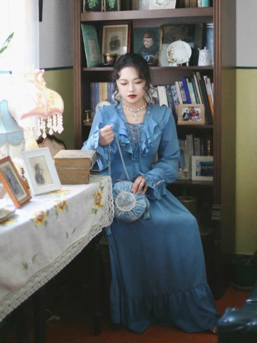 Blue Victorian Ruffle Lace-Up Dress