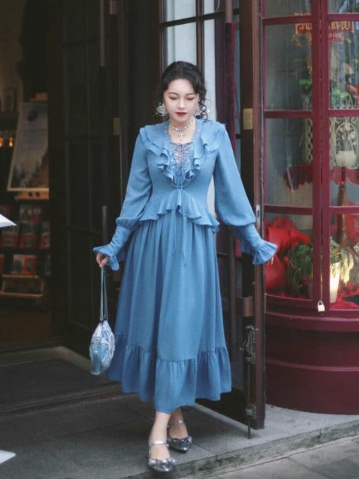 Blue Victorian Ruffle Lace-Up Dress