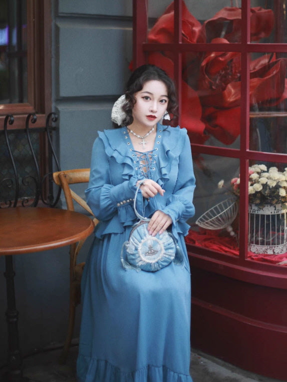 Blue Victorian Ruffle Lace-Up Dress