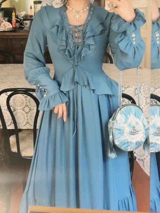 Blue Victorian Ruffle Lace-Up Dress