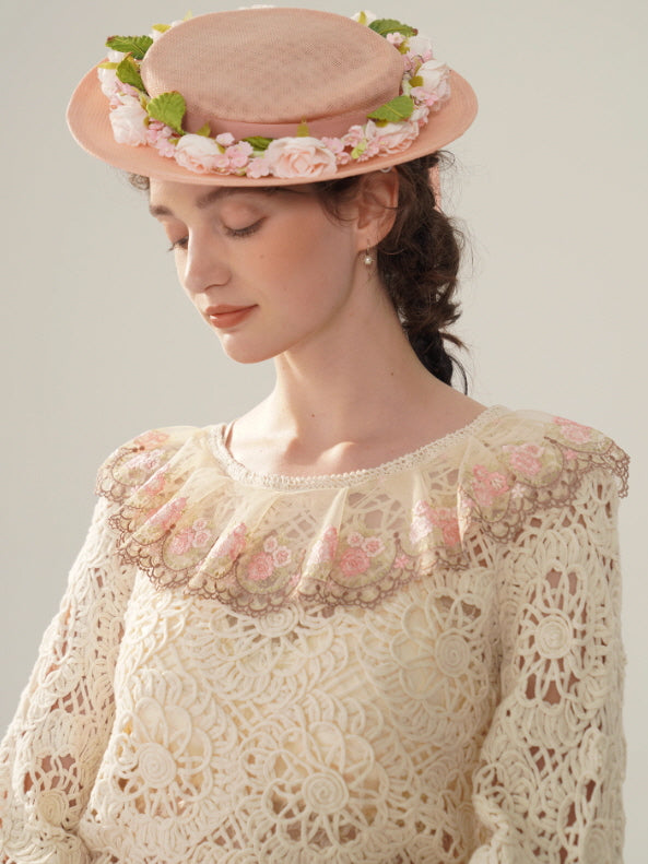 Rose Embroidered Lace Cotton Blouse