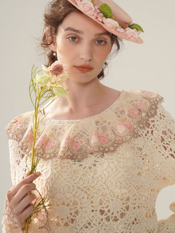 Rose Embroidered Lace Cotton Blouse
