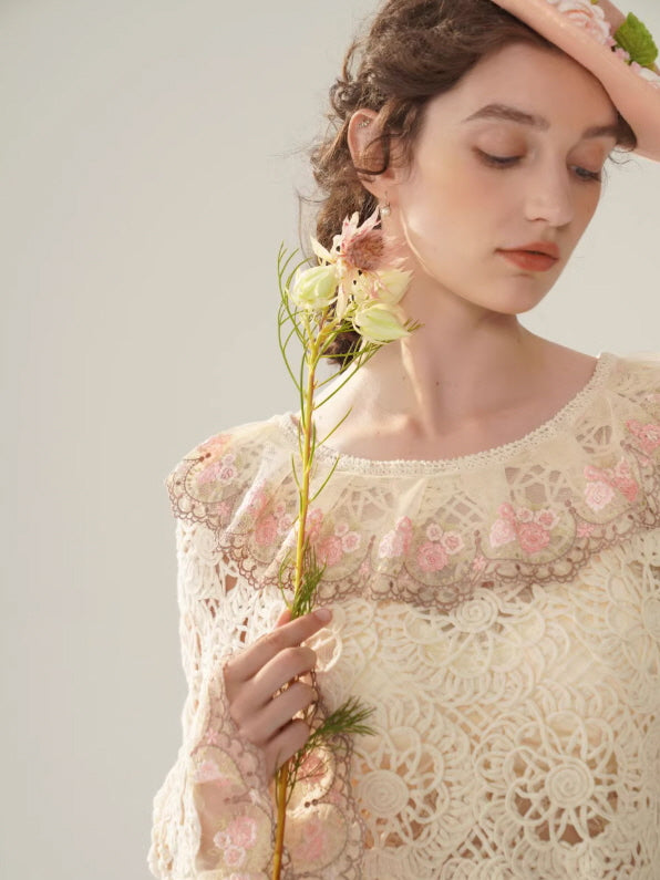 Rose Embroidered Lace Cotton Blouse