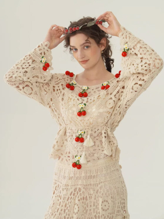 Cherry Crochet Lace Blouse – Vintage Beige | Cottagecore Top
