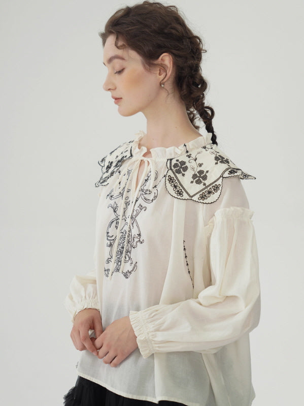 Embroidered Vintage Collar Cotton Blouse
