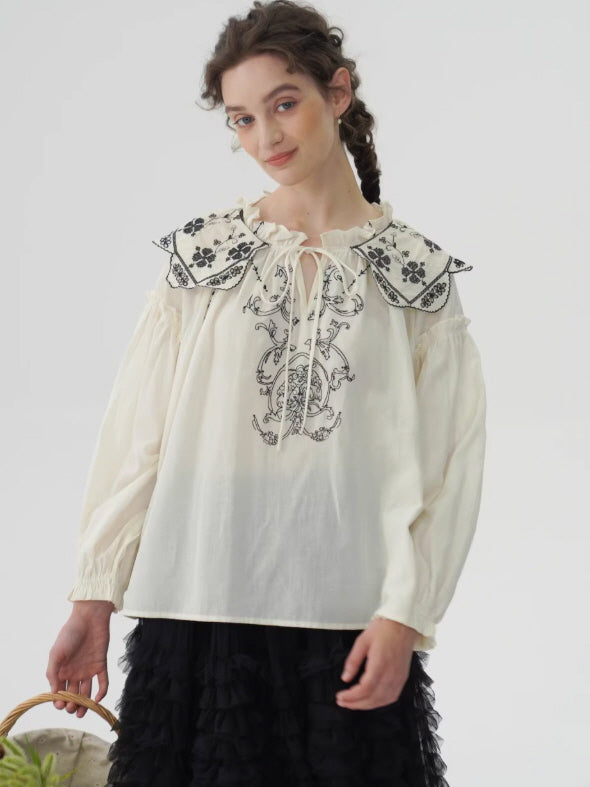 Embroidered Vintage Collar Cotton Blouse