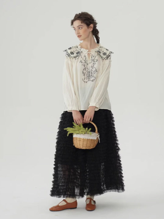 Embroidered Vintage Collar Cotton Blouse