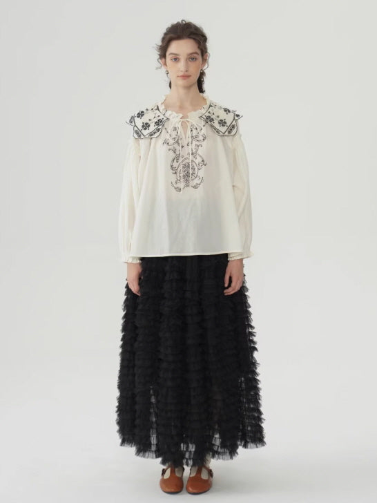 Embroidered Vintage Collar Cotton Blouse