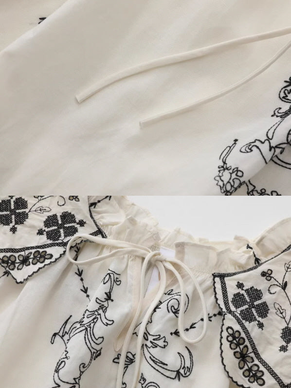 Embroidered Vintage Collar Cotton Blouse