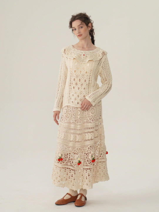 Floral Embroidered Cream Crochet Knit Blouse