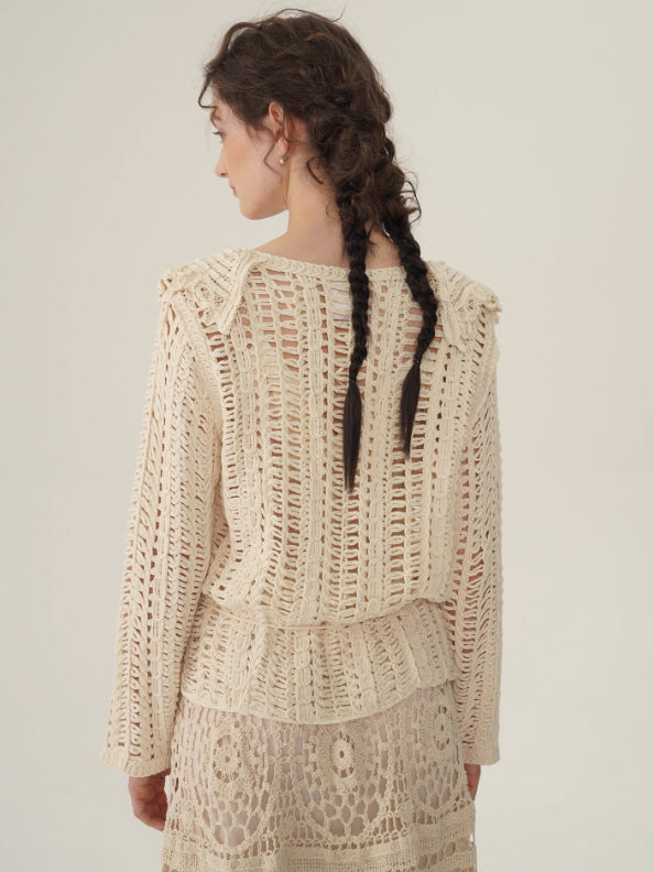Floral Embroidered Cream Crochet Knit Blouse