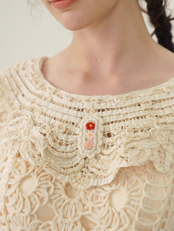 Floral Embroidered Cream Crochet Knit Blouse