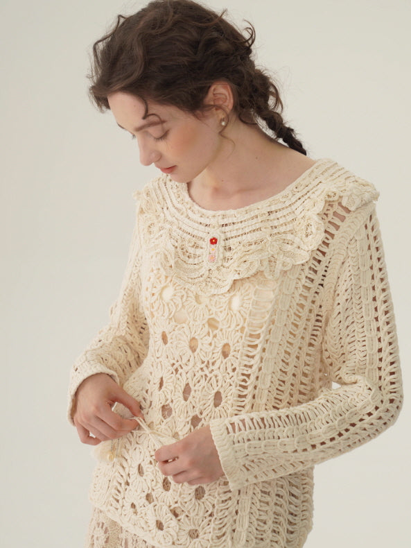 Floral Embroidered Cream Crochet Knit Blouse