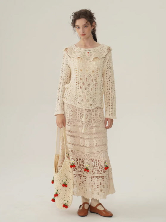 Floral Embroidered Cream Crochet Knit Blouse