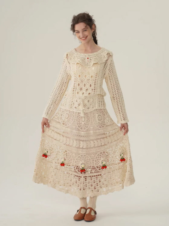 Floral Embroidered Cream Crochet Knit Blouse