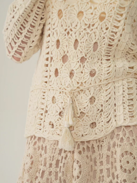 Floral Embroidered Cream Crochet Knit Blouse