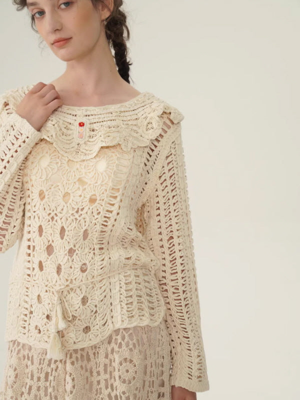 Floral Embroidered Cream Crochet Knit Blouse