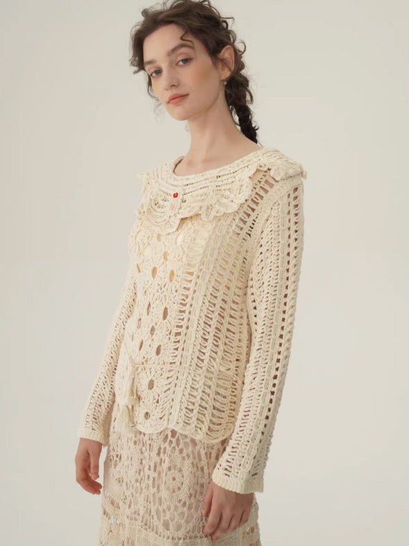 Floral Embroidered Cream Crochet Knit Blouse