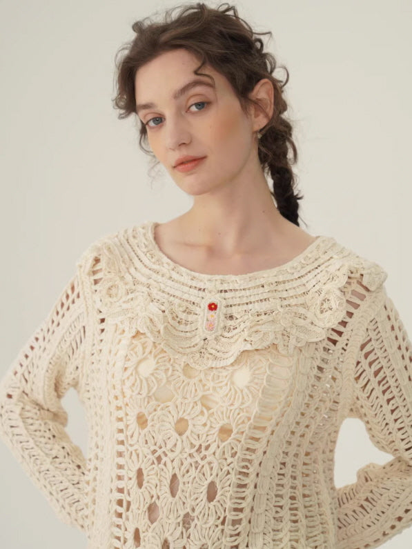 Floral Embroidered Cream Crochet Knit Blouse