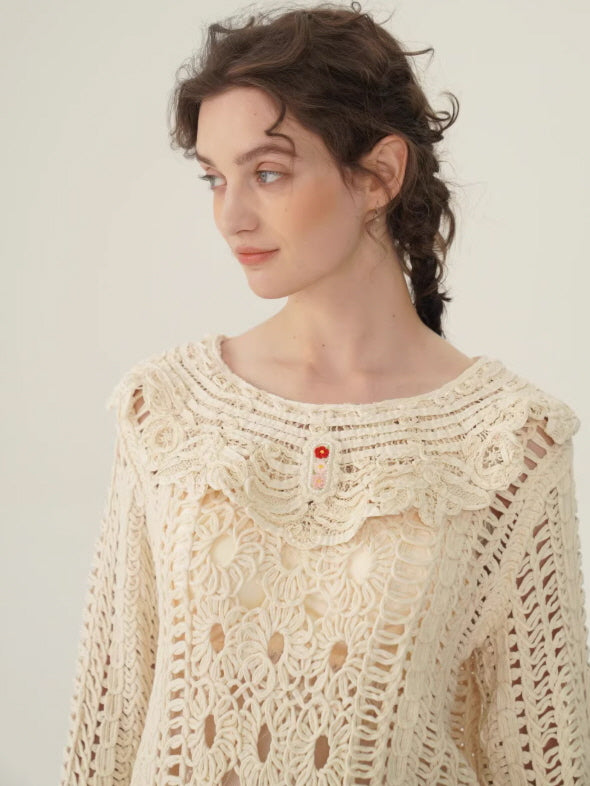 Floral Embroidered Cream Crochet Knit Blouse