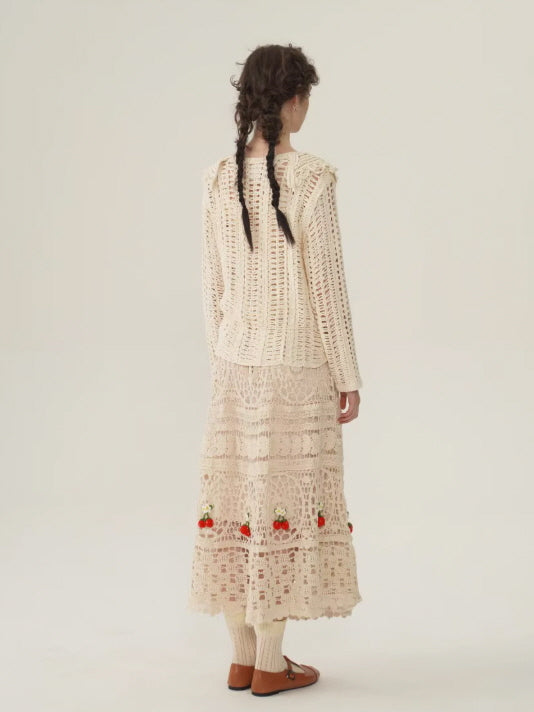 Floral Embroidered Cream Crochet Knit Blouse