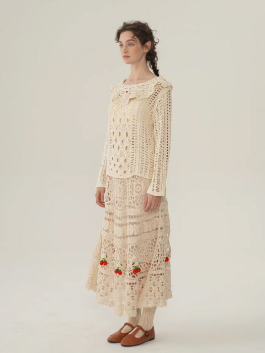 Floral Embroidered Cream Crochet Knit Blouse