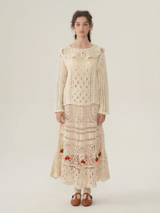 Floral Embroidered Cream Crochet Knit Blouse
