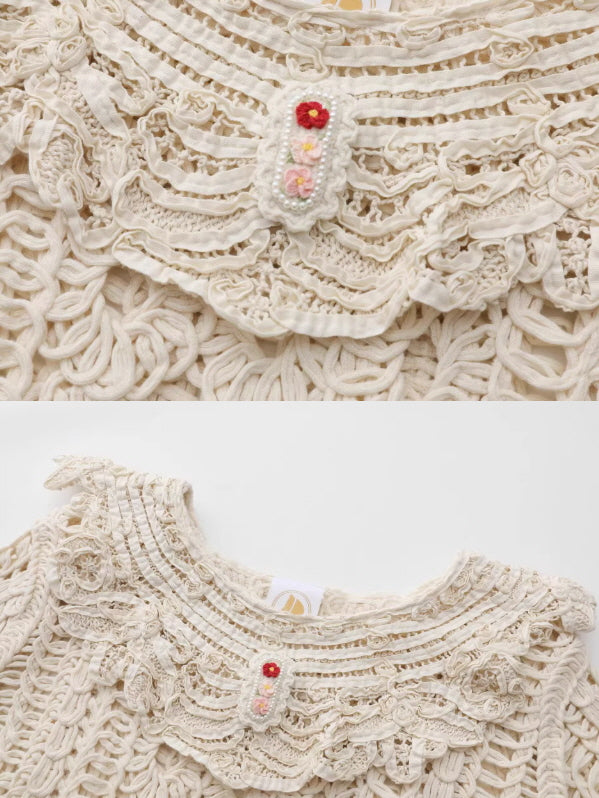 Floral Embroidered Cream Crochet Knit Blouse