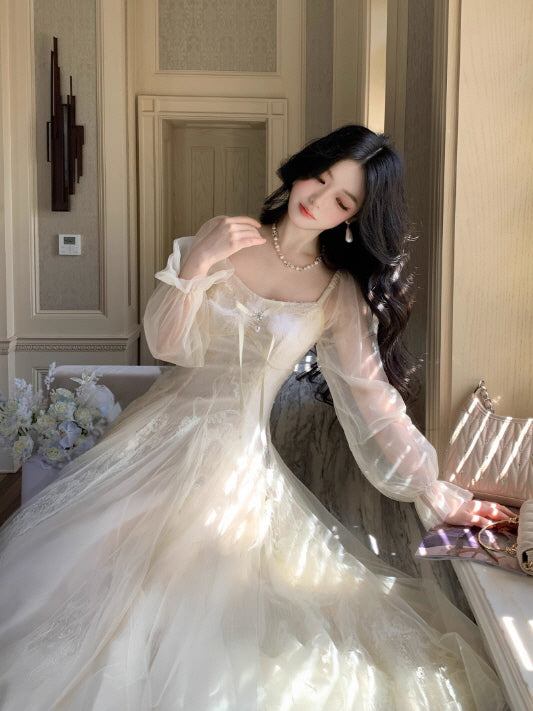 Ethereal Lace Dream Gown - Sheer Sleeve Vintage Dress