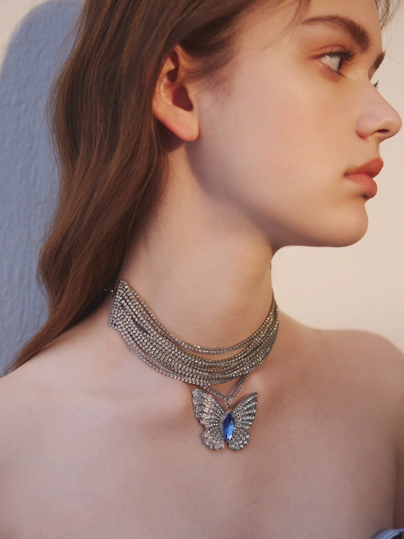 Blue Butterfly Crystal Choker – Vintage Rhinestone Necklace