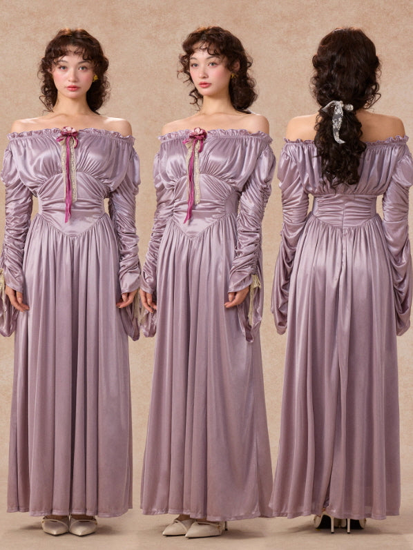 Lilac Enchantment Off-Shoulder Satin Dress