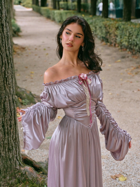 Lilac Enchantment Off-Shoulder Satin Dress
