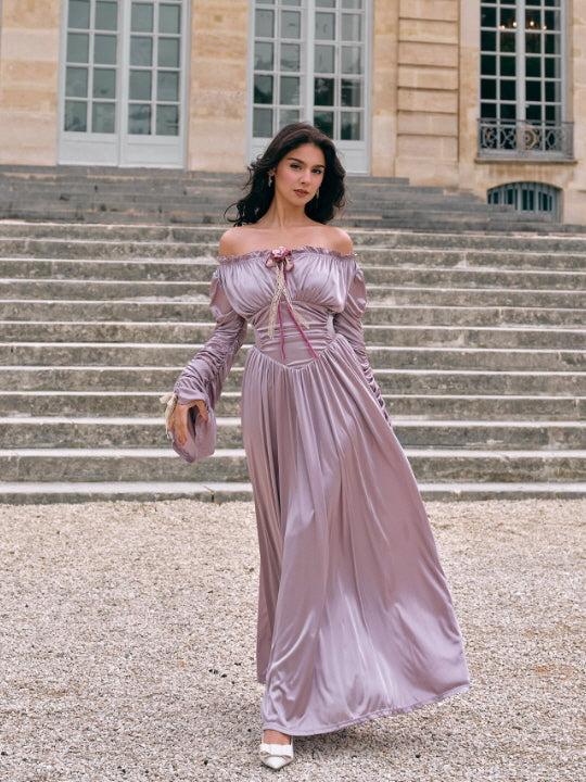 Lilac Enchantment Off-Shoulder Satin Dress