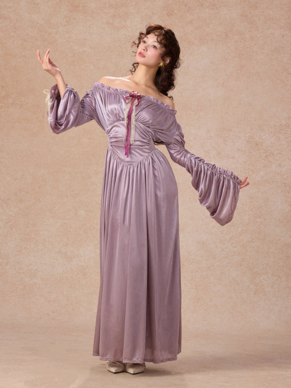 lilac off the shoulder dress medieval Lilac Off-Shoulder Satin Dress – Ribbon & Lace Detail – Vintage