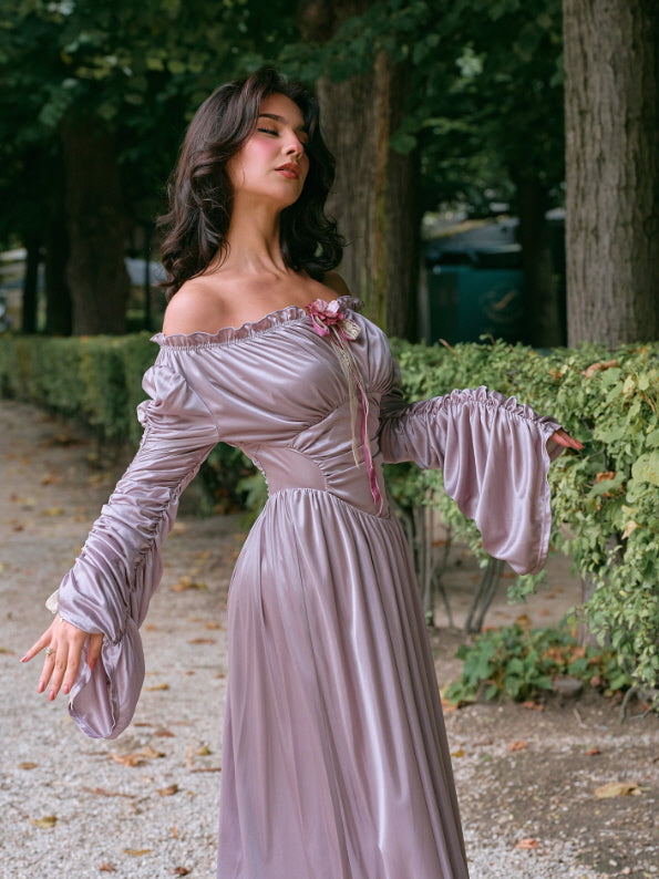 Lilac Enchantment Off-Shoulder Satin Dress