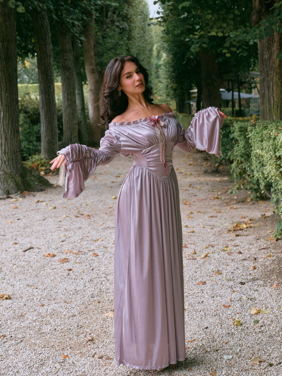 Lilac Enchantment Off-Shoulder Satin Dress