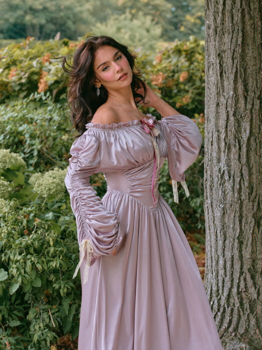 Lilac Enchantment Off-Shoulder Satin Dress