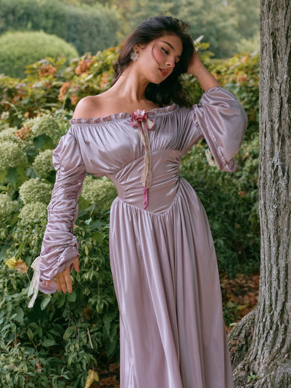 Lilac Enchantment Off-Shoulder Satin Dress