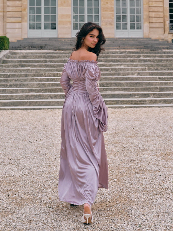 Lilac Enchantment Off-Shoulder Satin Dress