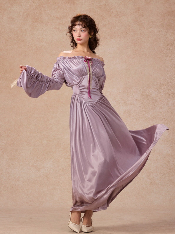 Lilac Enchantment Off-Shoulder Satin Dress