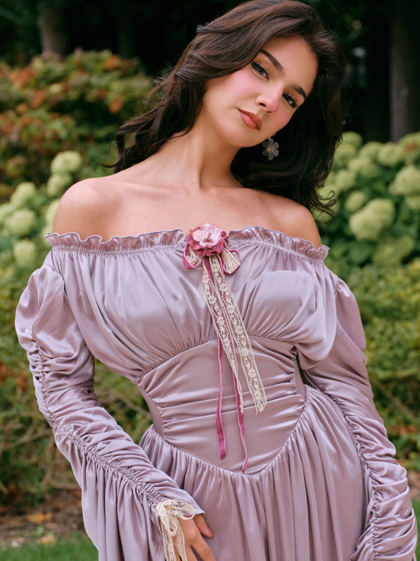 Lilac Enchantment Off-Shoulder Satin Dress