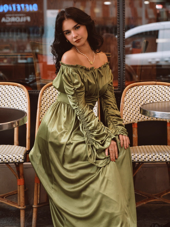 Enchanted Meadow Off-Shoulder Satin Dress
