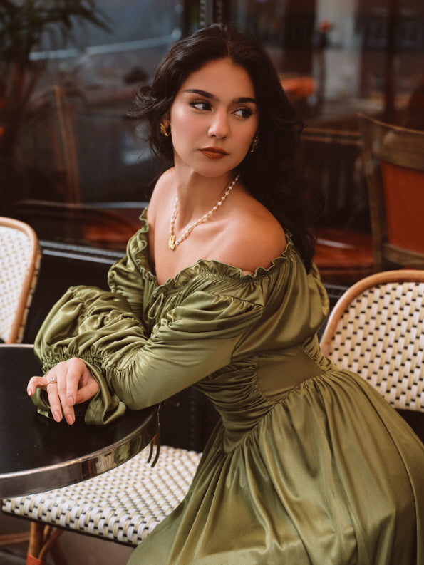 Enchanted Meadow Off-Shoulder Satin Dress