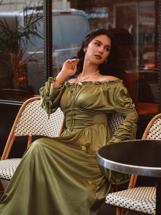 Enchanted Meadow Off-Shoulder Satin Dress