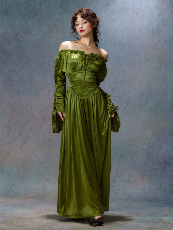 Green Off-Shoulder Satin Dress Vintage Ruched Sleeves Fairycore | Romantic Fairytale Cottagecore Outfit Green Off-Shoulder Satin Dress Vintage Ruched Sleeves Fairycore | Romantic Fairytale Cottagecore Outfit