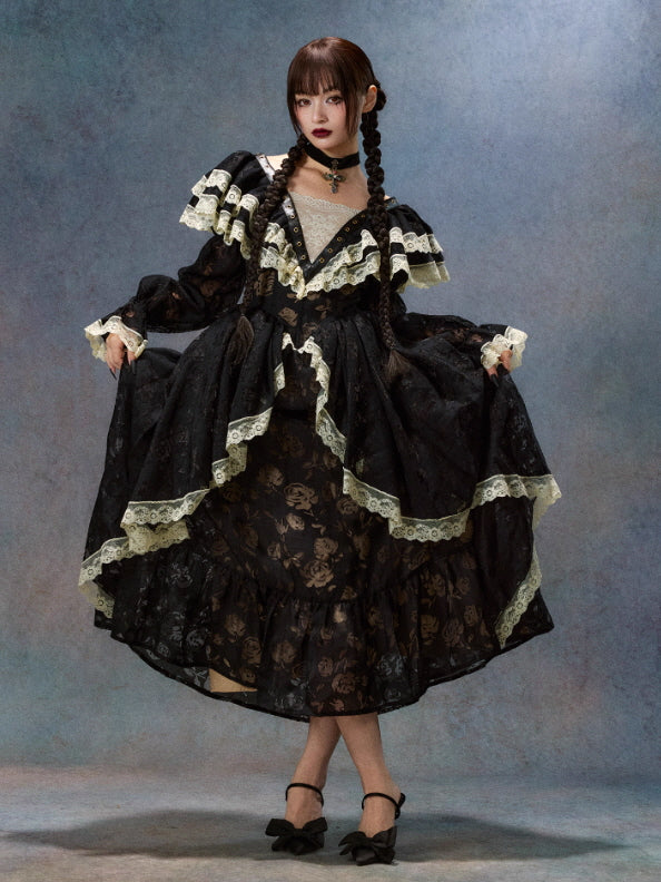 Black Gothic Lace Dress – Vintage Ruffle Detail – Romantic Fairytale