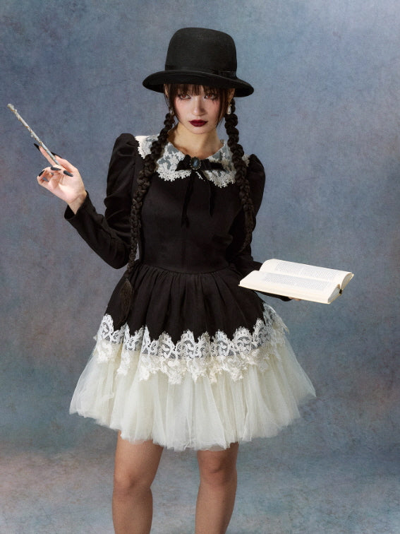 Black Lace Doll Dress Victorian Vintage Tulle Hem | Romantic Fairytale Gothic Aesthetic Outfit Black Lace Doll Dress Victorian Vintage Tulle Hem | Romantic Fairytale Gothic Aesthetic Outfit
